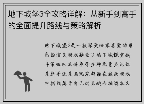 地下城堡3全攻略详解：从新手到高手的全面提升路线与策略解析