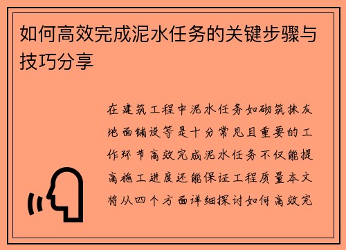 如何高效完成泥水任务的关键步骤与技巧分享