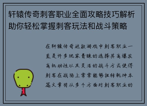 轩辕传奇刺客职业全面攻略技巧解析助你轻松掌握刺客玩法和战斗策略